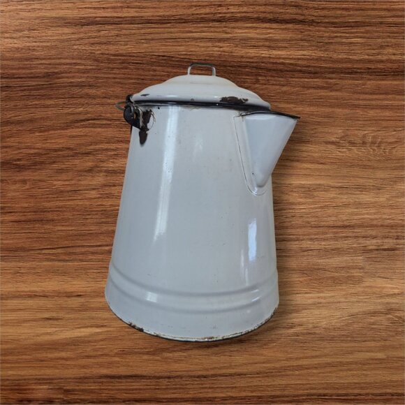 Vintage Large White & Black Enamelware Porcelain Cowboy Kettle Coffee Pot Farmho - Picture 2 of 11